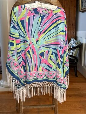 Lilly Pulitzer Silk Palm-Print Fringe Kaftan in Pink, Lime, Aqua, Blue like New